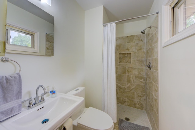 bathroom featuring a stall shower, a sink, and toilet