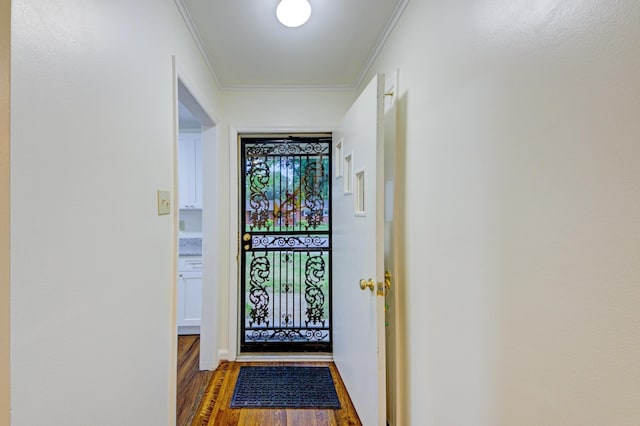 doorway featuring dark wood-type flooring and ornamental molding