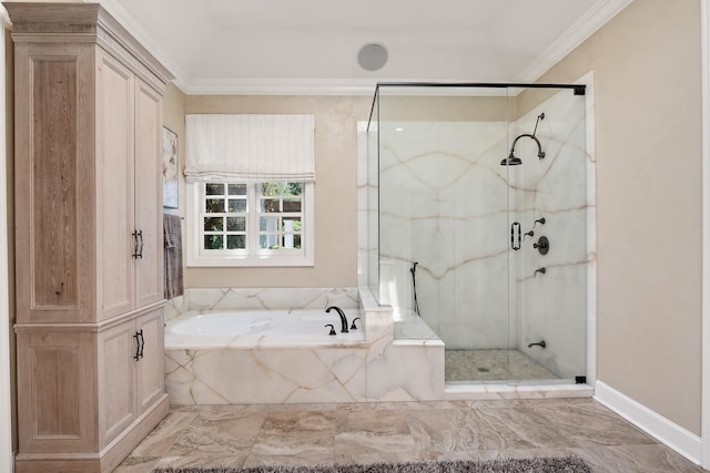 bathroom with plus walk in shower, ornamental molding, and tile patterned floors