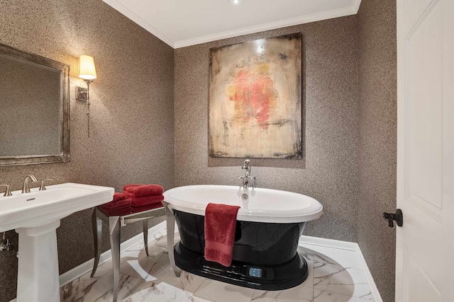 bathroom with tile patterned floors, crown molding, and sink