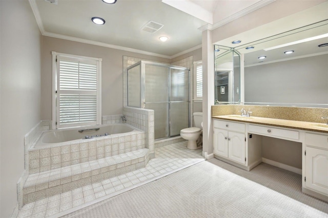 full bathroom with vanity, tile patterned flooring, independent shower and bath, and toilet