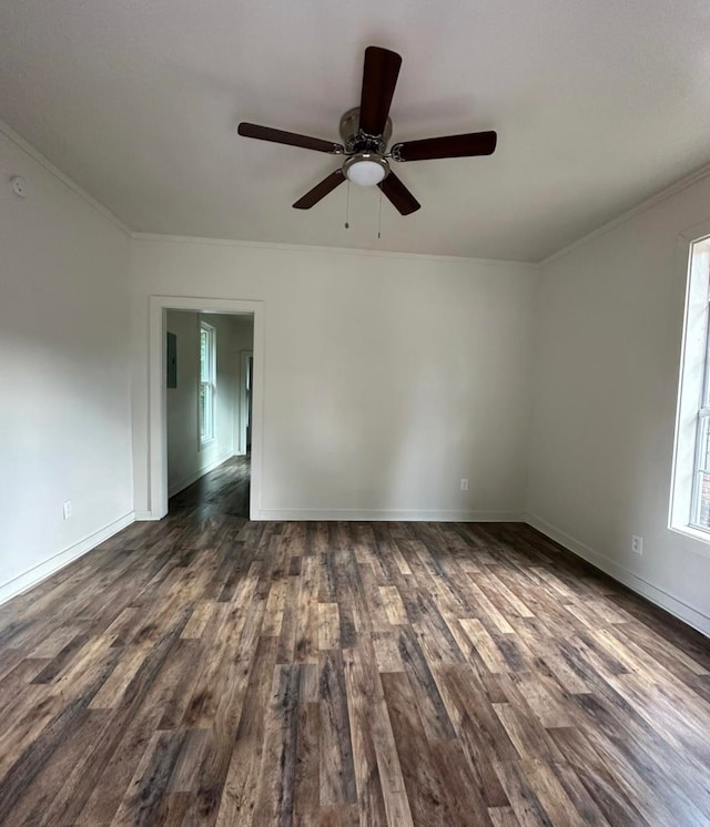 spare room with dark wood-type flooring, crown molding, and ceiling fan