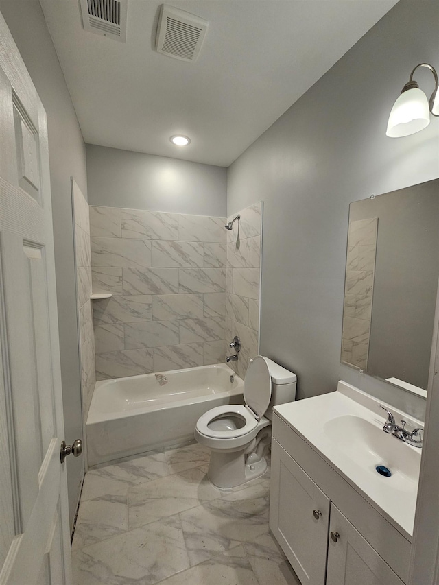 full bath featuring shower / bathing tub combination, toilet, visible vents, and marble finish floor