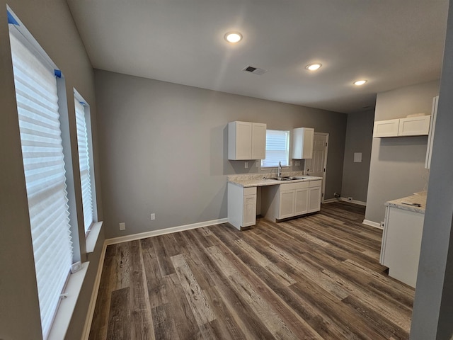 kitchen with dark wood finished floors, visible vents, baseboards, and a sink