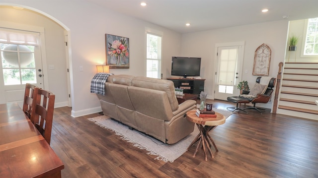 living room featuring plenty of natural light and dark wood-type flooring