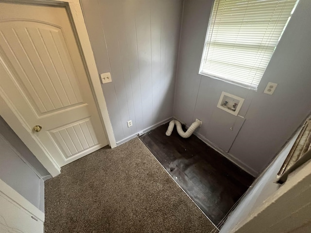 clothes washing area with carpet floors, laundry area, and washer hookup