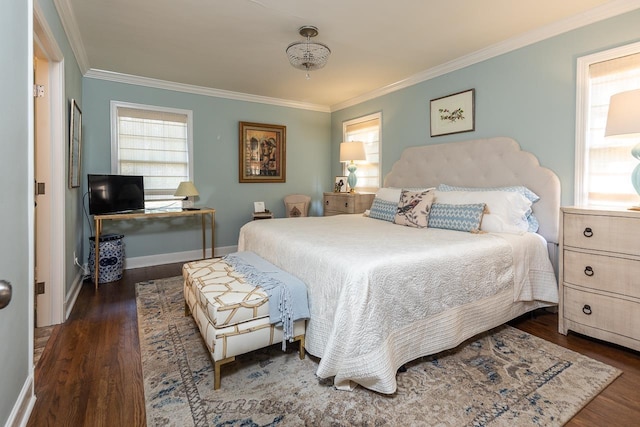 bedroom with multiple windows, dark hardwood / wood-style flooring, and ornamental molding