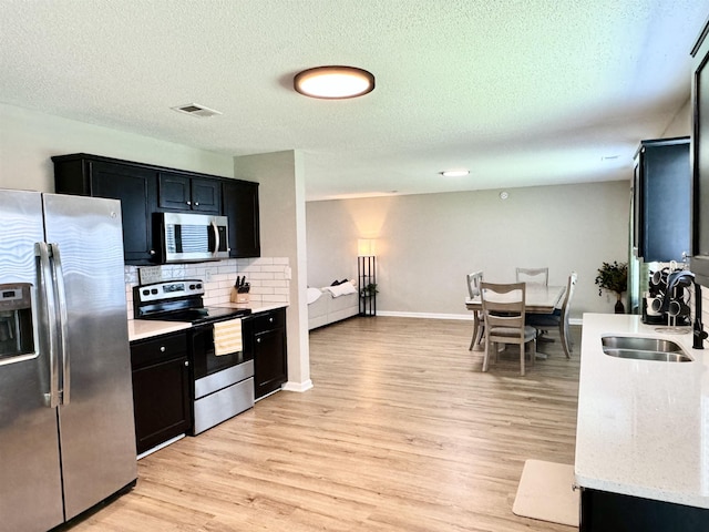 kitchen with sink, decorative backsplash, a textured ceiling, light hardwood / wood-style floors, and stainless steel appliances