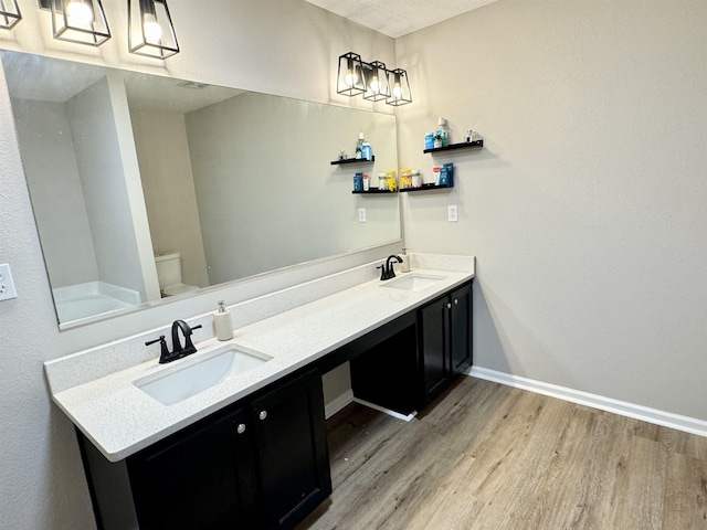 bathroom featuring vanity, wood-type flooring, and toilet