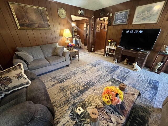 carpeted living room with wood walls