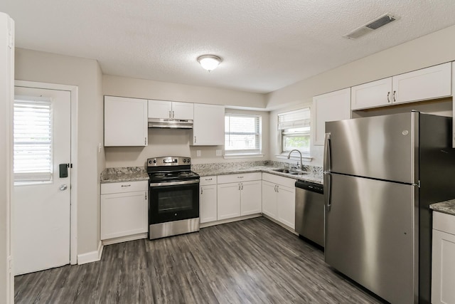 kitchen with dark wood-type flooring, sink, light stone counters, appliances with stainless steel finishes, and white cabinets