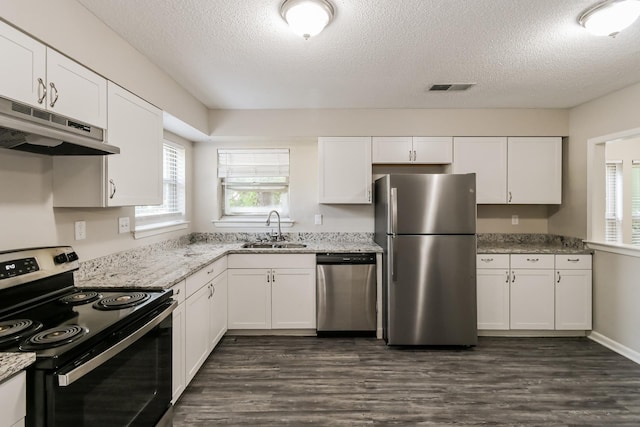 kitchen with light stone counters, sink, stainless steel appliances, and white cabinets