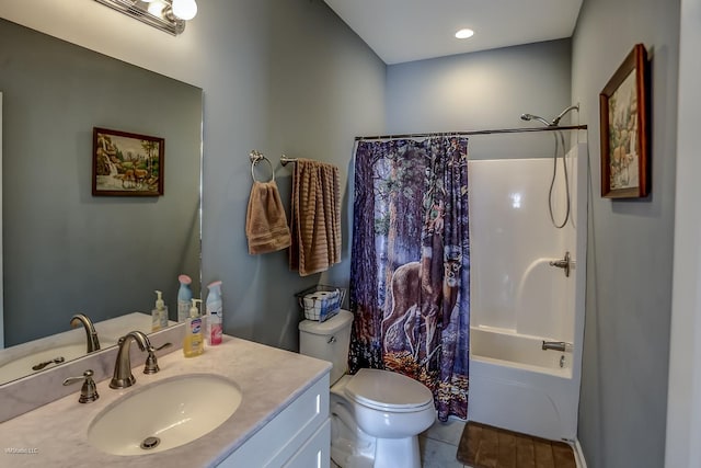 full bathroom with tile patterned flooring, shower / tub combo with curtain, vanity, and toilet