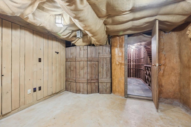 basement featuring wood walls