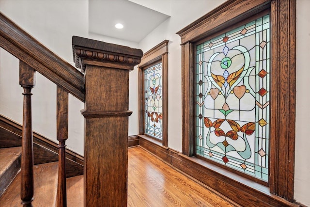 foyer entrance with light hardwood / wood-style floors