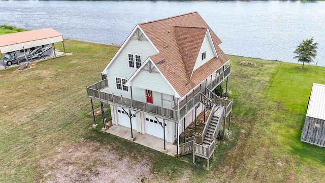 aerial view featuring a water view