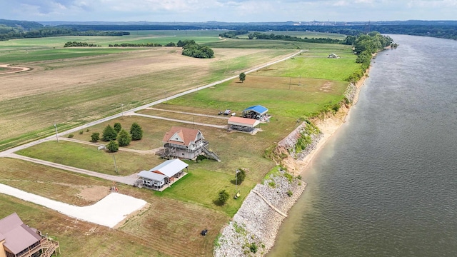 aerial view featuring a water view and a rural view