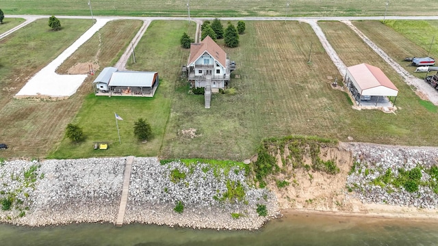 aerial view featuring a water view and a rural view