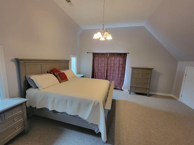 bedroom featuring light colored carpet, vaulted ceiling, and a notable chandelier