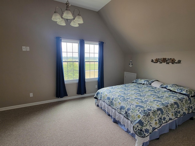 bedroom featuring a notable chandelier, carpet, and lofted ceiling