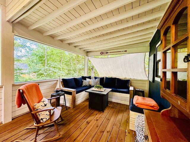 sunroom / solarium with beamed ceiling and wooden ceiling