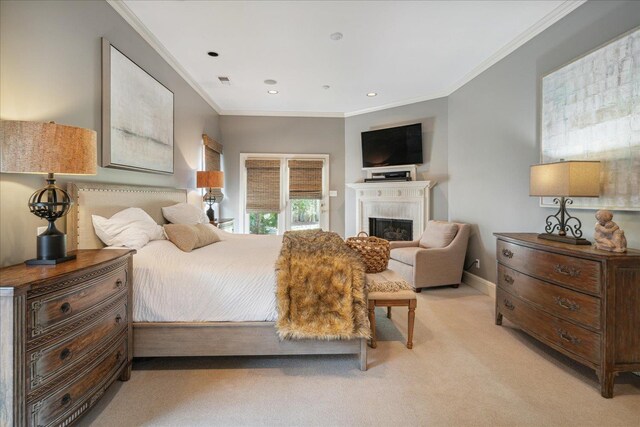 carpeted bedroom with crown molding