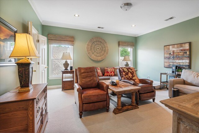 carpeted living room with crown molding