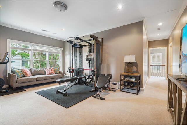 workout room featuring crown molding and light carpet