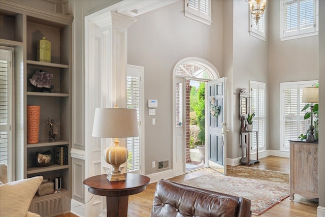 foyer with a healthy amount of sunlight, hardwood / wood-style flooring, and a towering ceiling