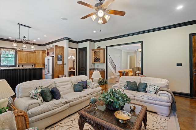 125 Millbury Ln, Eads, TN 38028 - living area with recessed lighting, ceiling fan, stairs, and crown molding