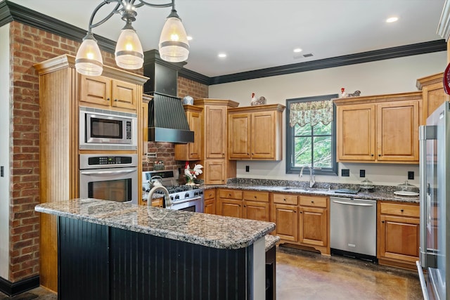 125 Millbury Ln, Eads, TN 38028 - kitchen featuring visible vents, ornamental molding, a sink, stainless steel appliances, and custom exhaust hood