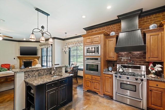 125 Millbury Ln, Eads, TN 38028 - kitchen with custom range hood, a sink, tasteful backsplash, open floor plan, and appliances with stainless steel finishes