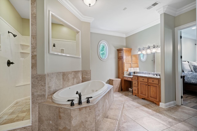 125 Millbury Ln, Eads, TN 38028 - bathroom with vanity, a tub with jets, visible vents, and ornamental molding