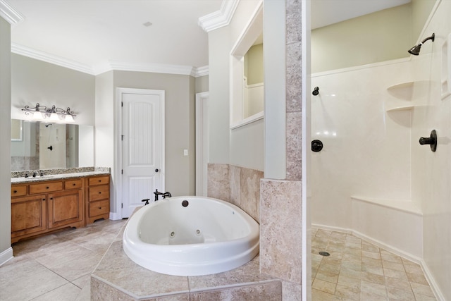 125 Millbury Ln, Eads, TN 38028 - bathroom featuring vanity, baseboards, ornamental molding, walk in shower, and a jetted tub