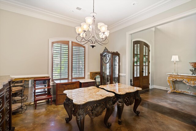 125 Millbury Ln, Eads, TN 38028 - dining area with baseboards, visible vents, concrete floors, arched walkways, and a chandelier