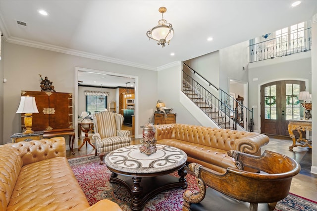 125 Millbury Ln, Eads, TN 38028 - living area with visible vents, recessed lighting, stairway, french doors, and crown molding