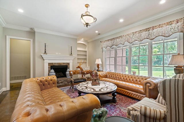 125 Millbury Ln, Eads, TN 38028 - living room with a stone fireplace, crown molding, built in features, and visible vents