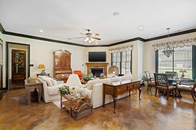 125 Millbury Ln, Eads, TN 38028 - living room featuring visible vents, concrete floors, a fireplace, recessed lighting, and ceiling fan with notable chandelier