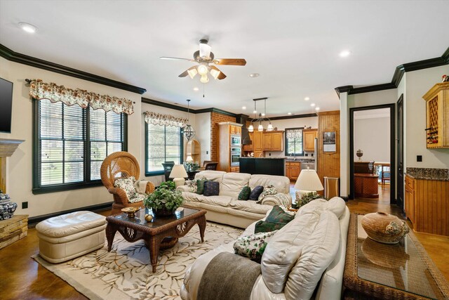 125 Millbury Ln, Eads, TN 38028 - living area with recessed lighting, wood finished floors, crown molding, and ceiling fan with notable chandelier