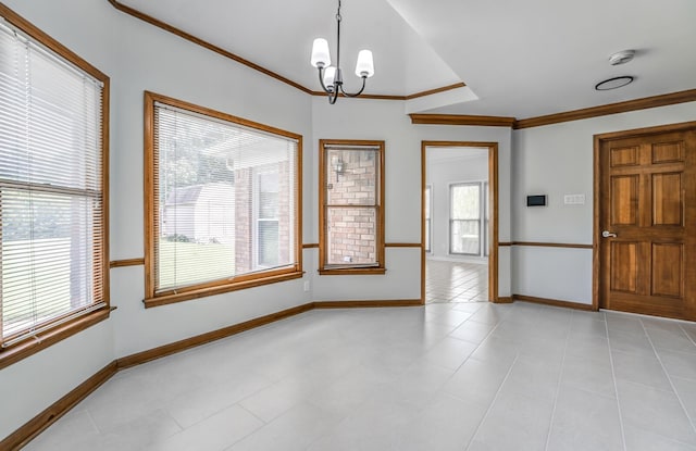 tiled empty room featuring an inviting chandelier and ornamental molding