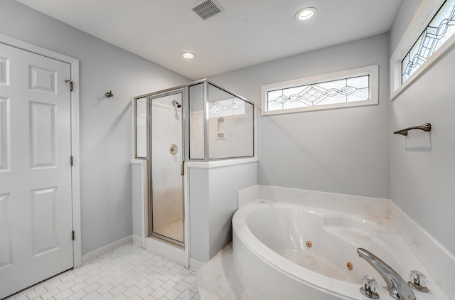 full bathroom with a stall shower, visible vents, a jetted tub, and recessed lighting