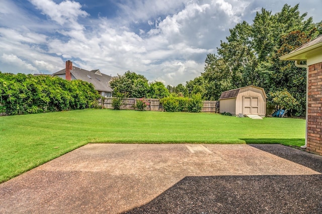 view of yard with a storage unit, a patio area, a fenced backyard, and an outdoor structure