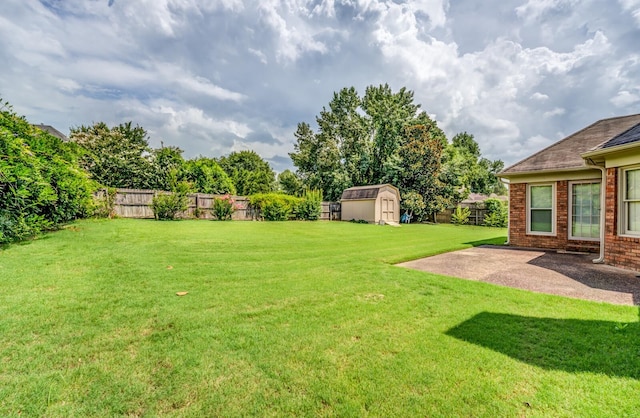 view of yard featuring a storage shed and a patio area