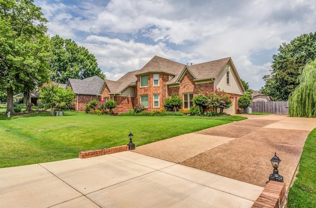 view of front facade featuring driveway, brick siding, fence, and a front yard