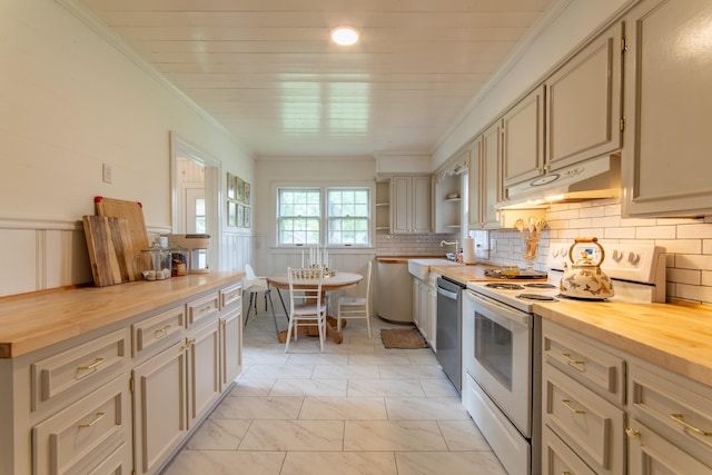 kitchen with wooden counters, dishwasher, light tile patterned flooring, and white electric stove