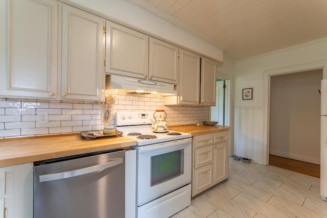 kitchen with wooden counters, white appliances, and backsplash