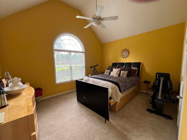 bedroom featuring light carpet, ceiling fan, and lofted ceiling