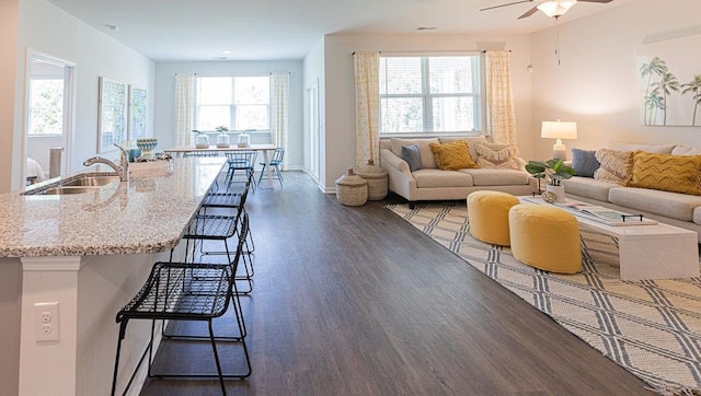 living area featuring ceiling fan, dark wood finished floors, and baseboards