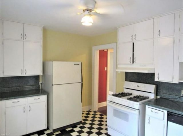 kitchen featuring light tile patterned floors, white appliances, backsplash, and white cabinets