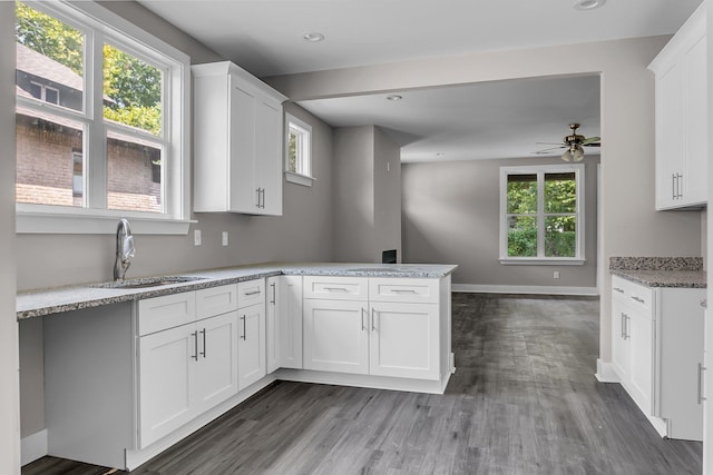 kitchen featuring sink, kitchen peninsula, and white cabinets